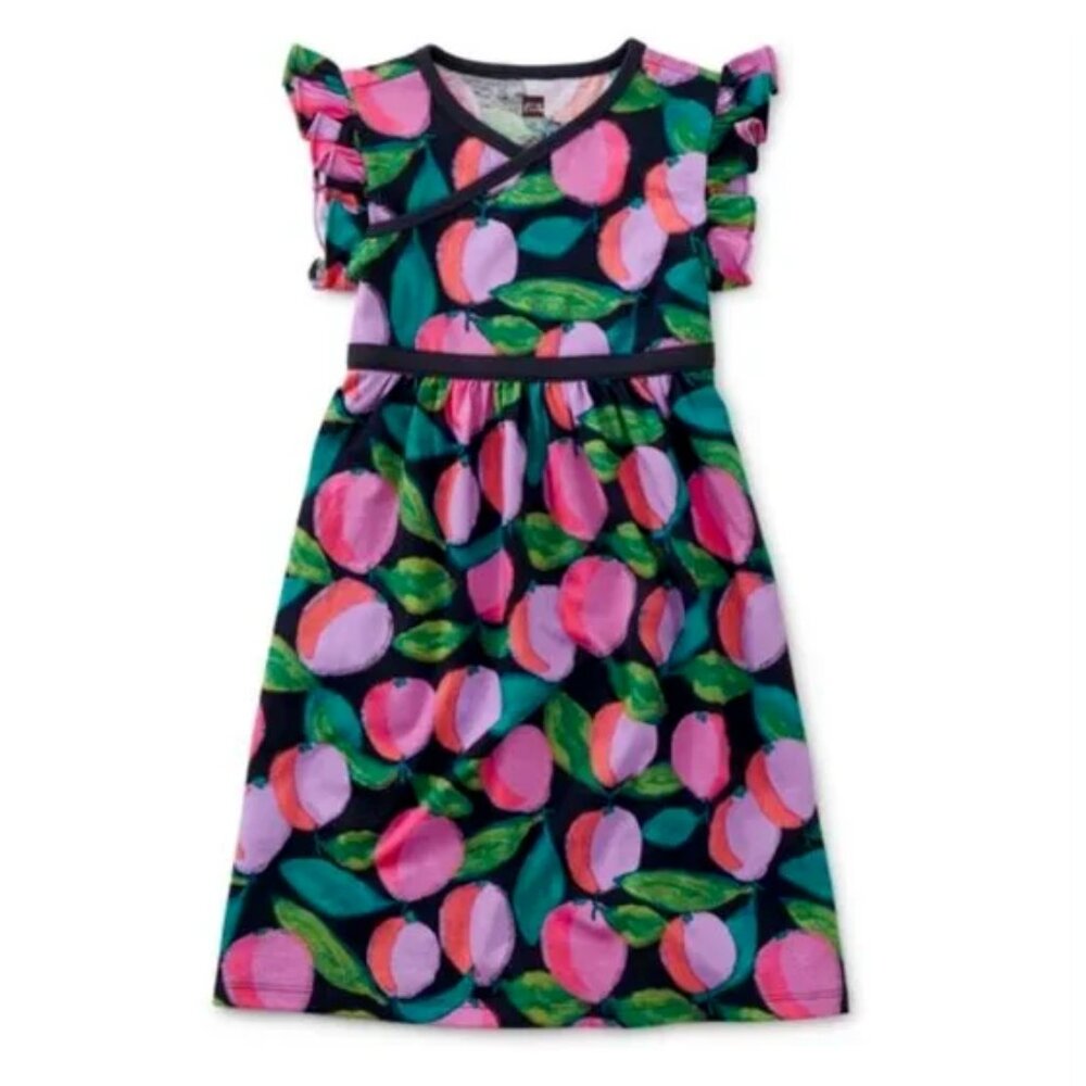 Tea Collection Girls Short Sleeve Wrap Neck Guava Go Go Print Dress 4